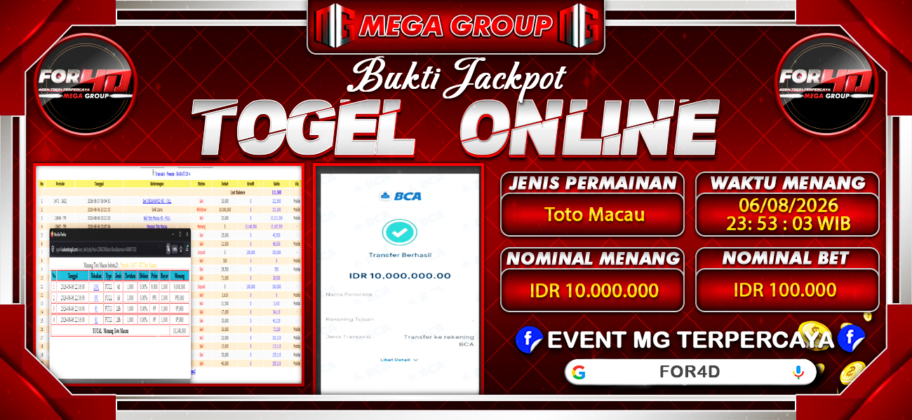 Bukti JP situs For4D hari Kamis, 06 Agustus 2026